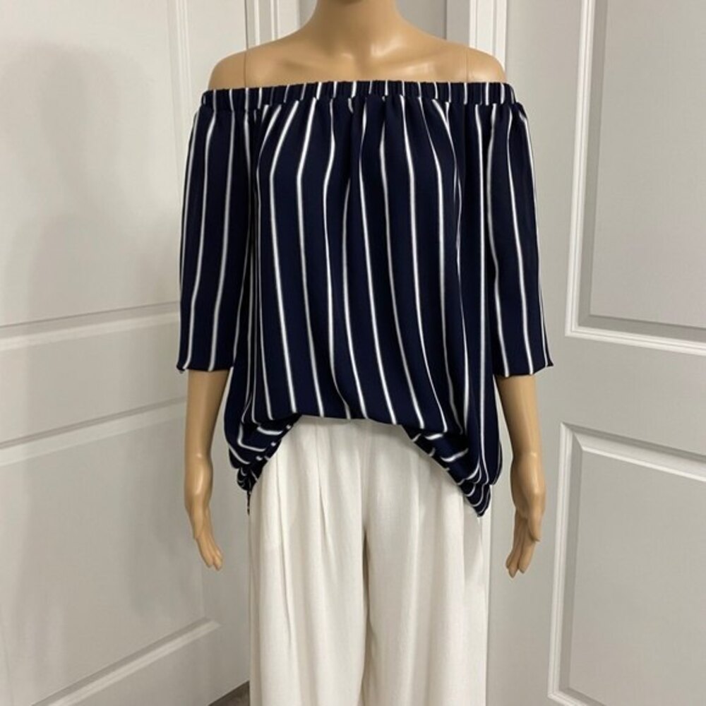 Forever 21 Contemporary Off Shoulder Striped Top Blue White Long Sleeve Small
